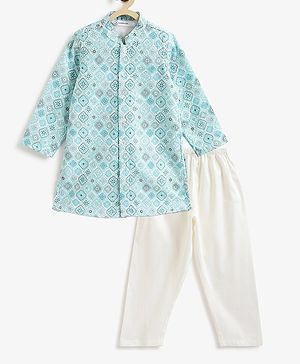 Campana Full Sleeves Floral Printed Embroidered Kurta Pyajama Set - Light Blue & White