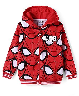 Pine Kids Marvel Terry Knit Full Sleeves Front Open Hooded Spider Man Printed Sweatshirt - Red