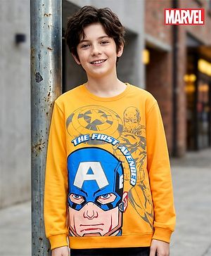 Pine Kids Marvel Terry Knit Full Sleeves Drop Shoulder  Sweatshirt with Captain America Graphics - Yellow