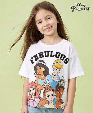 Pine Kids Disney Single Jersey Knit Half Sleeves Drop Shoulder Oversized T-Shirt with Disney Princes Graphics - White