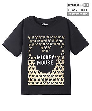Pine Kids Disney Single Jersey Knit Half Drop Shoulder Sleeves Over Sized T-Shirt with Mickey Mouse Graphics & Foil Detailing - Black