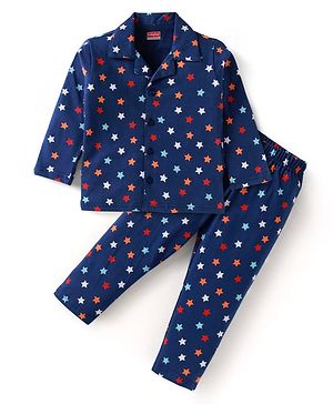 Babyhug Cotton Knit Full Sleeves Star Printed Night Suit - Navy Blue