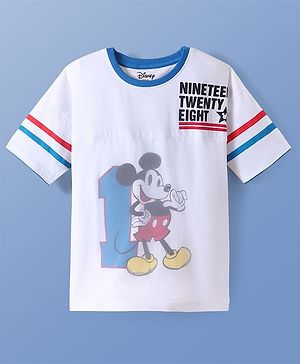 Pine Kids Disney Single Jersey Knit Half Drop Shoulder Sleeves Oversized T-Shirt With Mickey Mouse Graphics and Mesh Detailing - White