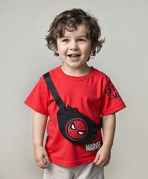 Babyhug Marvel Terry Knit Oversize Drop Shoulder Light Weight T-Shirt With Functional Bag Applique - Red