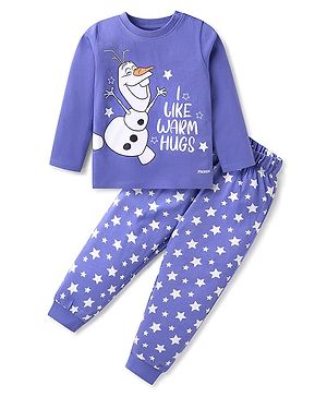 Babyhug Disney Single Jersey Knit Full Sleeves Olaf Printed Night Suit - Blue