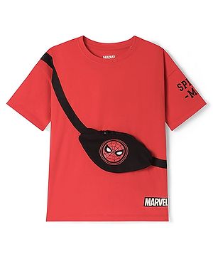 Pine Kids Marvel Light Weight Terry Knit Half Drop Shoulder Sleeves T-Shirt with Functional Bag Applique & Spider Man Print - Red