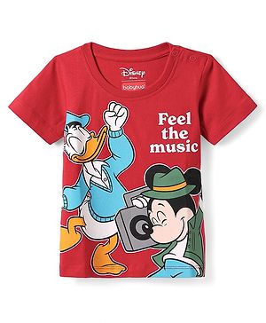 Babyhug Disney Single Jersey Knit Half Sleeves T-Shirt with Mickey Mouse & Donald Graphics - Red