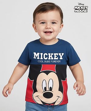 Babyhug Disney Single Jersey Knit Half Sleeves Cut & Sew T-Shirt with Mickey Mouse Graphics - Navy Blue