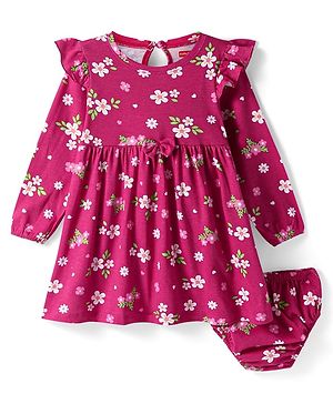 Babyhug Cotton Knit Full Sleeves Frock With Floral Print & Bloomer - Fuchsia