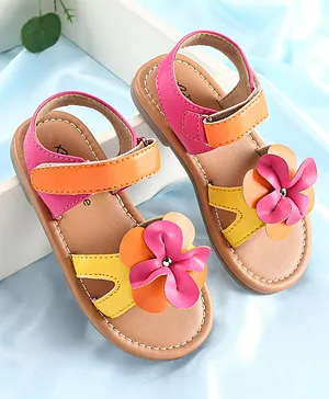 Babyoye Sandals with Velcro Closure &
                      Floral Applique - Pink & Yellow