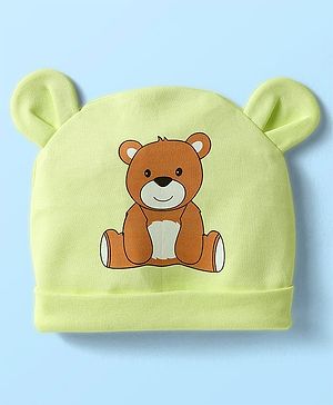 Babyhug 100% Cotton Interlock Knit Cap with Teddy Print & Ear Applique Light Green - Circumference 32 cm