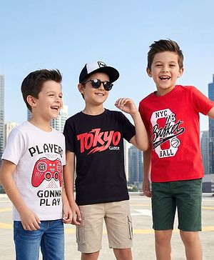 Pine Kids Cotton Knit Half Sleeves T-Shirt with Text Print Pack of 3 - White Black & Red