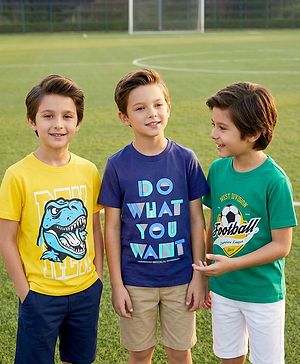 Pine Kids Cotton Knit Half Sleeves T-Shirt with Text Print Pack of 3 - Yellow Navy Blue & Green