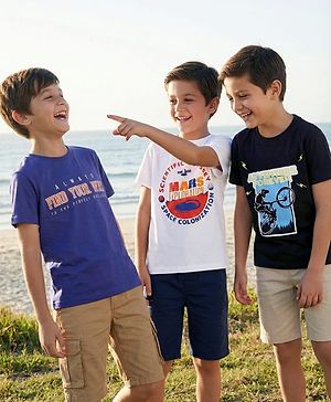 Pine Kids Cotton Knit Half Sleeves T-Shirt with Text Print Pack of 3 - White Blue Black