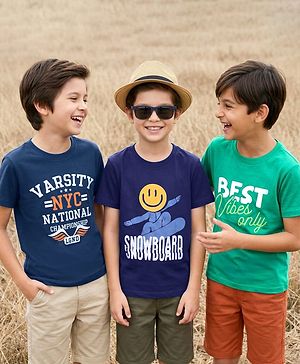 Pine Kids Cotton Knit Half Sleeves T-Shirt with Text Print Pack of 3 - Navy Blue & Mint