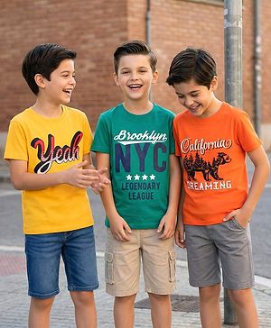 Pine Kids Cotton Knit Half Sleeves T-Shirt with Text Print Pack of 3 - Orange Yellow & Teal Blue