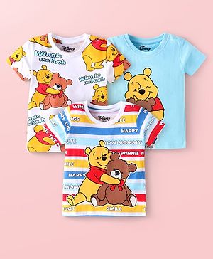 Babyhug Disney Single Jersey Knit Half Sleeves T-Shirts with Winnie the Pooh Graphics & Stripes Pack of 3 - White & Light Blue