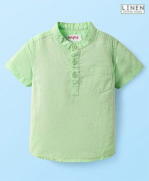 Babyhug Linen Woven Half Sleeves Solid Mandarin Collar Kurta Shirt - Light Green