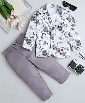 Fourfolds Full Sleeves Abstract Printed Blazer With Tee & Pant - Beige