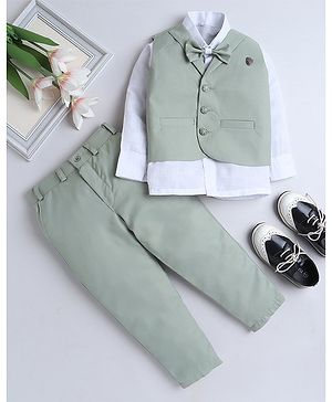 Fourfolds Full Sleeves Solid Shirt With Waistcoat Trouser Bow Set - Green