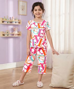 Pine Kids Single Jersey Knit Half Sleeves Night Suit With Text Print - White