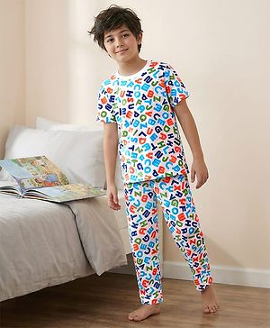 Pine Kids Single Jersey Knit Half Sleeves Night Suit With Alphabet Print - White