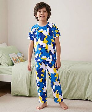 Pine Kids Single Jersey Knit Half Sleeves Night Suit With Camouflage Print - White