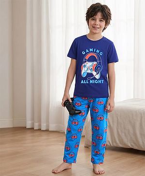 Pine Kids Single Jersey Knit Half Sleeves Night Suit With Gaming Controller & Headphones Print - Navy Blue