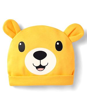 Babyhug 100% Cotton Interlock knit Cap With Bear Face & Ear Applique Yellow - Diameter 10.5