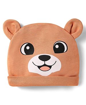 Babyhug 100% Cotton Interlock Knit Cap With Bear Print & Ear Applique Light Brown - Diameter 10 cm