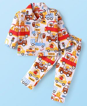 Babyhug Cotton Knit Full Sleeves Front Open Night Suit Vehicle Print - Orange White