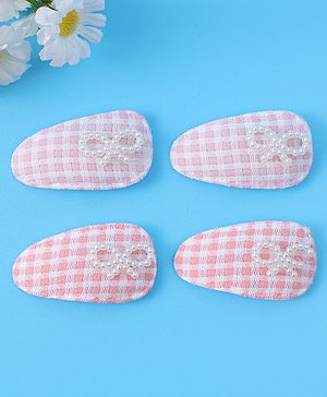 Babyhug Free Size Snap Clips With Checkered Patten and Bow Applique - PInk & White