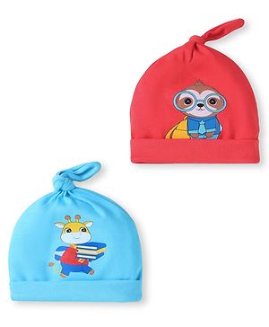 Babyhug Interlock Knit Caps With Animal Print Pack Of 2 - Red & Sky Blue