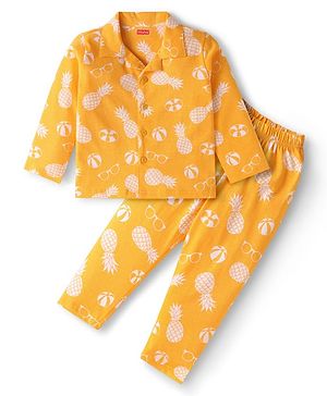 Babyhug Cotton Knit Full Sleeves Front Open Night Suit with Pineapple Print - Yellow