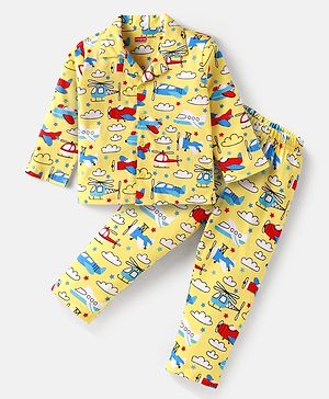 Babyhug Cotton Knit Full Sleeves Front Open Night Suit with Airplane Print - Yellow
