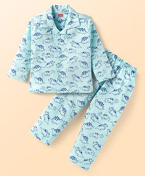 Babyhug Cotton Knit Full Sleeves Night Suit with Dino Print - Light Blue