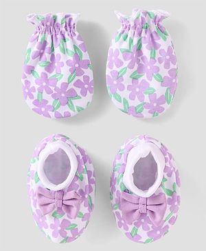 Babyhug 100% Cotton Knit Mittens & Booties with Floral Print - Purple