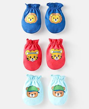 Babyhug 100% Cotton Knit Mittens with Animal Prints Pack of 3 - Blue & Red