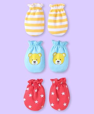 Babyhug Cotton  Knit Mittens With Stripes Bear & Star Print Pack of 3 -Yellow Light Blue & Red Babyhug Cotton  Knit Mittens With Stripes Bear & Star Print Pack of 3 -Yellow Light Blue & Red