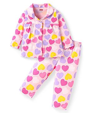 Babyhug Cotton Knit Full Sleeves Night Suit With Heart Print - Pink