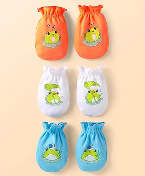 Babyhug Interlock Knit Mittens With Frog Print Pack of 3 - White Blue & Orange