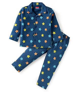 Babyhug Cotton Knit Full Sleeves Star Printed Night Suit - Blue
