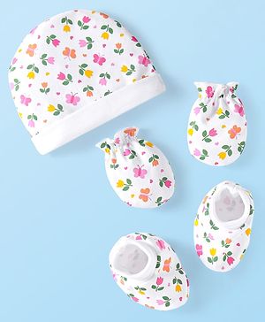 Babyhug 100% Cotton Knit Cap Mittens & Booties Set wit Floral Print - White Babyhug 100% Cotton Knit Cap Mittens & Booties Set wit Floral Print - White