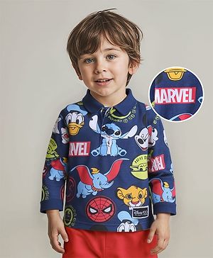 Babyhug Disney Single Jersey Knit Full Sleeves Polo T-Shirts with Disney Character Graphics - Navy Blue