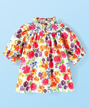 Babyhug Rayon Woven Half Sleeves Top with Smock Detailing & All Over Floral Print - Pink & Yellow