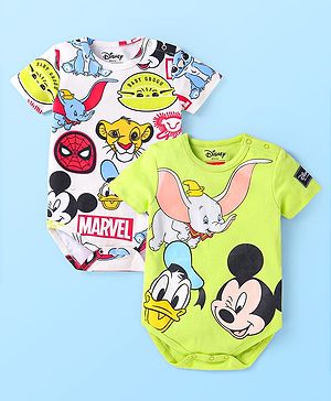 Babyhug Disney Interlock Knit Half Sleeves Onesies With Disney Character Detailing Pack of 2 - Green & White