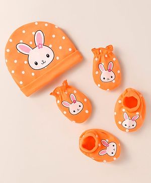 Babyhug Interlock Knit Cap Mittens & Booties With Bunny & Polka Dot Print - Orange Babyhug Interlock Knit Cap Mittens & Booties With Bunny & Polka Dot Print - Orange