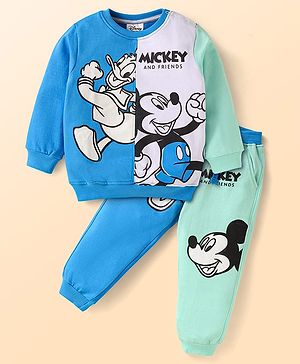 Babyhug Disney Cotton Knit Full Sleeves Cut & Sew T-Shirt & Lounge Pant Set with Mickey & Friends Graphics - Blue & Light Green