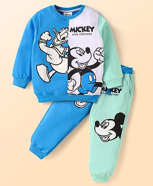 Babyhug Disney Cotton Knit Full Sleeves Cut & Sew T-Shirt & Lounge Pant Set with Mickey & Friends Graphics - Blue & Light Green