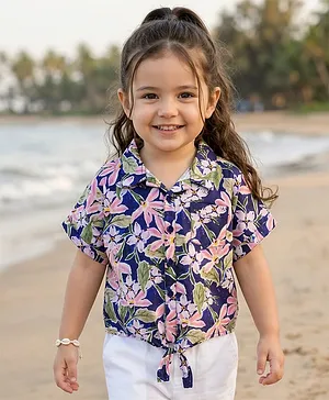 Babyhug Rayon Woven Half Sleeves
                              Shirt Style Top with Knot Detailing &
                              Floral Print - Blue